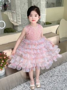 Girls Performance Dress Summer New Style Sleeveless Fairy Cake Skirt Trendy Princess Sequin Puffy Skirt Butterfly Knot Polyester Fiber