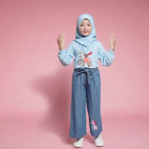 Little Pineapple Setelan Kaos Kulot Chiya Jeans Hijab Anak 4-9Y
