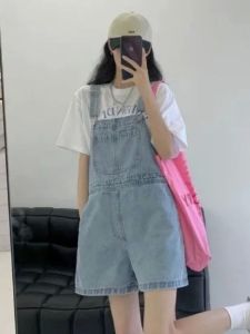 Summer Loose Denim Overalls Girls High Waist Short Pants Casual Fashionable Girls Bib Overalls Lightweight Polyester Fiber