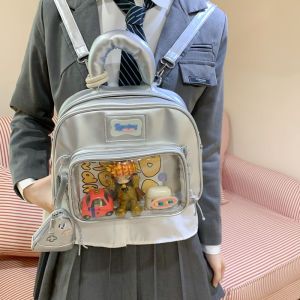 Korean Japanese Style Silver Fashionable Versatile Shoulder Bag Crossbody Handbag Large Size Commuter Backpack for Youth