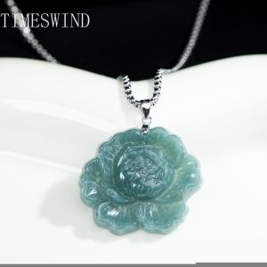 TIMESWIND Authentic Natural A-Type Jade Peony Flower Three-D Pendant for Women Men Titanium Steel Necklace Gift with Certificate