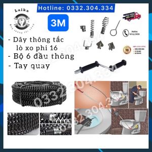 Chọn bộ dây thông cống 3M + Bộ 6 đầu thông nghẹt + Tay quay
