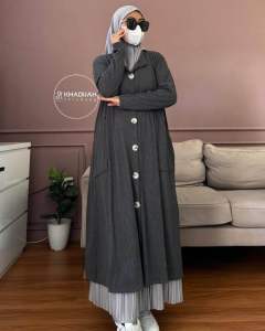 Tunik Outer Midi Dress Bahan Birkin Knit Kancing Besar Hazima By Khadijah