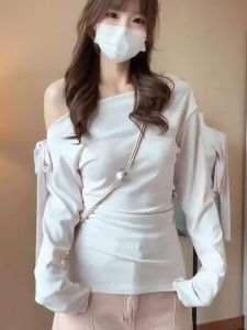 Slim Fit American Style Striped Shoulder Tie Long Sleeve T-Shirt Women Early Autumn Design Sense Small Crowd Thin All Match Top