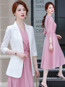 Business Wear Temperament Goddess Style Ladies Fashion Suit Dress Two-Piece Set Age-Reducing 3/4 Sleeve Suit Coat for Women