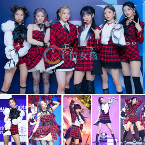 Purple Kiss Girls Stage Costume Red Plaid KPOP Performance Outfit for Kids Korean Dance Jazz Music Style