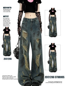 American Vibe Retro Waste Soil Wind Splash Ink Hole Denim Female High Street Stylish Loose Wide Leg Mop Pants Tide