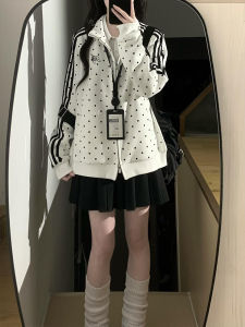XIANGBAIWEI | Slim Fitting Dots Print Stand Collar Leisure Zipper Hoodie