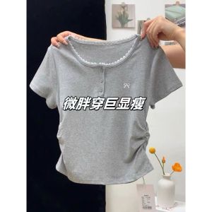 Áo Thun Cotton Tay Ngắn Màu Xám Ren Viền Pure Cotton Dành Cho Nữ Mùa Hè Mới Xếp Ly Eo Thắt Nút Bướm Áo Thun Cổ Tròn