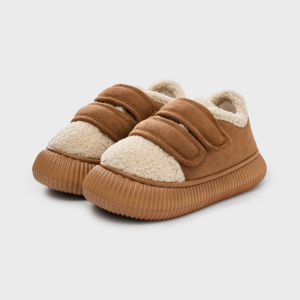 Fleece Lined Cotton Slippers Womens Fall Winter Warm Thick Bottom Slip-On Home Anti-Slip Plush Shoe with Heel Cross Buckle