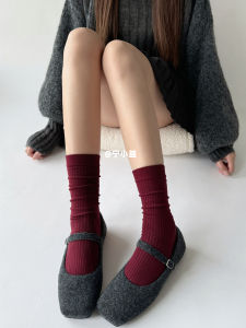 Ning Xiao Yi Japanese Style Vertical Striped Mid-Calf Spring Autumn Womens Socks Ballet Red Short JK Overlap Thickened Warm