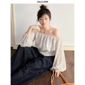 Off-shoulder Flared Sleeve Waist-defining Polka Dot Shirt