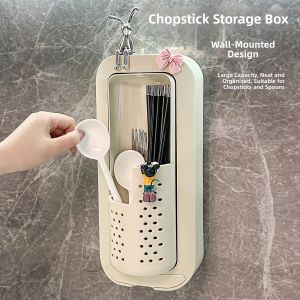 LUTUMEI | Wall-mounted Drill-free Dust-proof Moisture-draining Rotatable Chopsticks Storage