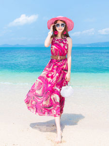 Beach Vacation Bohemian Long Skirt Dress Womens Summer Slimming Chiffon Print Maxi Dress Floral Sweet Style Sleeveless Gown