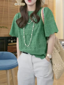 Green Hollow out Short Sleeve Shirt Womens Loose Top Fashionable Design Summer New Arrival Elegant Style Online Exclusive