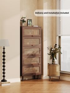 Vintage Rattan Solid Wood Drawer Storage Cabinet Compact