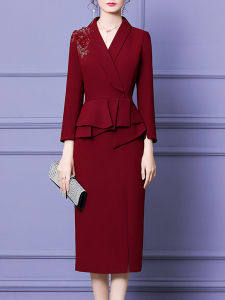 Elegant Young Wedding Guest Dress Autumn Fashion Long Sleeve V-Neck Embroidered Skirt Suit for Mother of the Bride Wedding Banquet