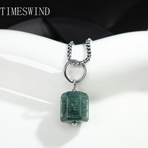 TIMESWIND Original Natural A-Type Jade Om Mani Padme Hum Block Pendant Titanium Steel Men Women Necklace Gift with Certificate