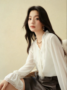 SEIFINI | Ruffle Trim Ribbon Embossed Stripe Womens Shirt