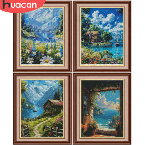 HUACAN 11CT Seaside Landscape Set For Cross Stitch Sets Embroidery Kits House Threads Needlework Home Wall Decoration