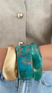 Ingemark | Ingemark 3 Style Boho Y2K Glossy Resin Wide Bracelets for Women Punk Smooth Curved Spring Opening Metal Bangles 2025 New Jewelry
