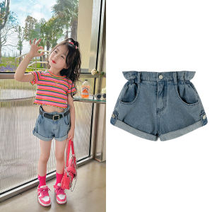 Princess Girls Denim Short Pants Summer Fashion Kids Clothing Cotton Blend Fabric Elastic Waistband Floral Print Trendy Trousers