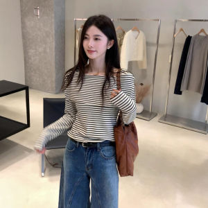 CHOEFULYN | Chic Brown Stripe Off-Shoulder T-Shirt Autumn Slim Fit