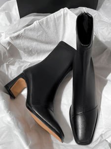 Black Short Boots Womens High Heel Autumn Winter New Coarse Heel French Elegance Back Zipper Square Head Elastic Slim Boots
