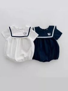 Roy Bear Korean-Style Baby Carousel Short-Sleeve Cotton Polyester Climb Suit with Cute Flip Collar for Summer