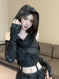 Áo Thun Dài Tay Có Mũ Trùm Đầu Thủ Công Cho Nữ Quần Áo Công Sở Phong Cách Hàn Quốc Áo Ngắn Bó Sát Gợi Cảm Mùa Hè