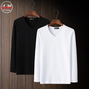 เสื้อยืดคอกว้างแขนยาวทรงสลิมฟิตสำหรับผู้ชาย ฤดูใบไม้ร่วง ฤดูใบไม้ผลิ เสื้อเชิ้ตสีพื้นบาง วัยรุ่น เสื้อชั้นในสีพื้น