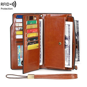RFID Retro Large Capacity Long Wallet Solid Color Multi-Card Womens Purse Multi-Function Zipper Wallet With Wrist Strap