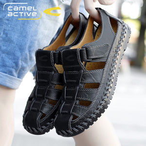 Camel Active Mens Summer Travel Beach Shoes Breathable Leather Casual Sandals Outdoor Clog Shoes Magic Tape Closure Solid Color