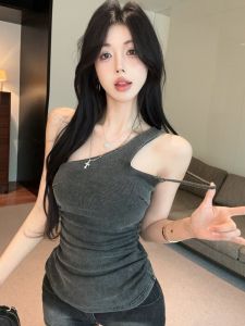 GUZILIAN | Sweet And Spicy Design Shoulder Baring Sleeveless Slimming French Style Top For Women Commute Style Regular Length Summer Wear