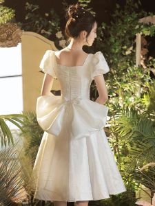 เรียบหรู สีขาว งานแต่งงาน เดรส เล็ก ทางการ เดรส ทะเบียนรูปถ่ายการแต่งงาน ผู้หญิง สไตล์แขนฟองกลาง เอว สลิมฟิต