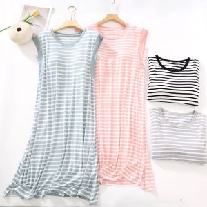 Modal Padded Nightdress Womens Summer Bra Cup Integrated Stripes Loose plus Size Pajamas Vest Skirt Mid Skirt