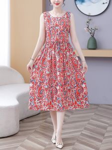 Váy Dài Không Tay Bằng Lụa Cotton Cho Nữ Mùa Hè Thanh Lịch Che Bụng Thường Ngày Thon Gọn Giảm Tuổi Vải in Họa Tiết