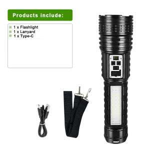 High Power Portable LED Flashlight Rechargeable Zoom Torch IP65 Waterproof Light with COB Side Lamp for Outdoor Camping Hiking