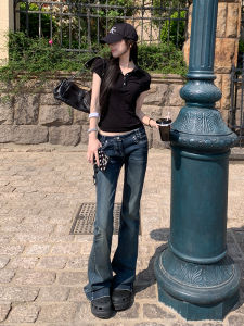 Deep Blue Low Waist Bell Bottom Jeans Womens Spring Autumn New Style American Hot Girl Slim Fit Cotton Stretch Denim