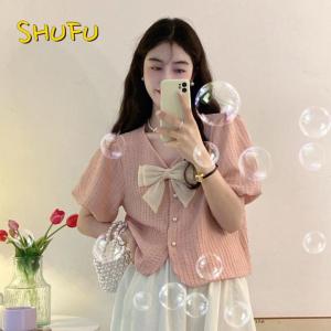 SHUFU 2057 Ready Stock korean style elegant short sleeve blouse for women plus size plain puff sleeve loose crop tops