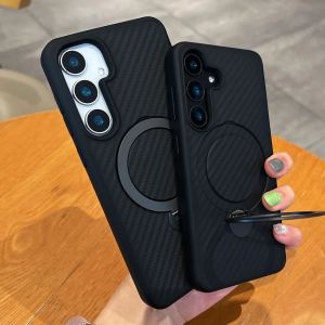 เนื้อคาร์บอนไฟเบอร์ 360 °   เคสยึดหมุนได้สําหรับ Samsung S25 S24 Plus Ultra สําหรับ Magsafe Magnetic Wireless Charge Stand Cover