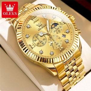 OLEVS Watch For Mens Top Grade Gold Luxury Waterproof Relo For Men Rolex Multi Function Dial Design Quartz Stainless Steel Fashionable Business Luminous Men Casual Watches