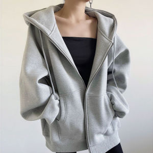 Spring Autumn Loose Womens Open Cardigan Hoodie Cold Tone Series Korean Style Commute Pure Color Zipper Nine Points Sleeve