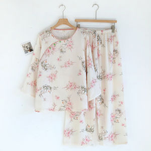 Womens Bamboo Cotton Gauze Sleepwear Long Sleeve Thin Summer Home Clothes Floral Pattern round Neck Pullover Casual Home Style