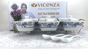 VICENZA wadah saji set isi 3 + rak motif ayana / pemanas makanan / casserole food warmer keramik BA-751