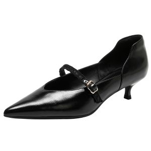 Joy & Peace | French Style Mary Jane Leather Pointed Toe Kitten Heel Pumps