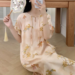 สไตล์ย้อนยุคผ้าฝ้ายผ้าไหมแขนสั้นชุดนอนสําหรับสตรีความยาวกลางหลวม Fit เซ็กซี่จีนเสื้อผ้าผ้าฝ้ายเทียม Crewneck พิมพ์ชุดนอนฤดูร้อน