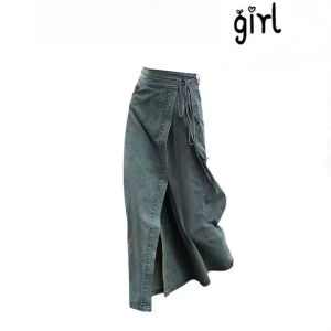 K-style Retro Mid Length Long Length Stylish One-Piece Waist-Controlled Lace-up Split Denim Skirt Womens Summer A- line Skirt Fashion
