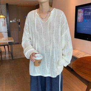 เสื้อสเวตเตอร์ถักแขนยาวแบบหลวมๆ สำหรับผู้ชายและผู้หญิง คอวี ทรงหลวมๆ สไตล์เกาหลี เสื้อคลุมกันแดด ฤดูใบไม้ร่วง