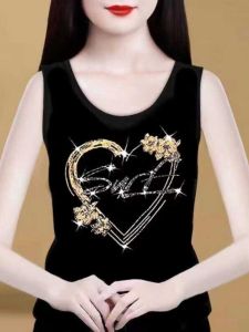 Fashionable Mommy 2025 Style Lace Sleeveless T-Shirt Midlife Womens Fashion Diamond Embellished Loose Base Shirt V-neck